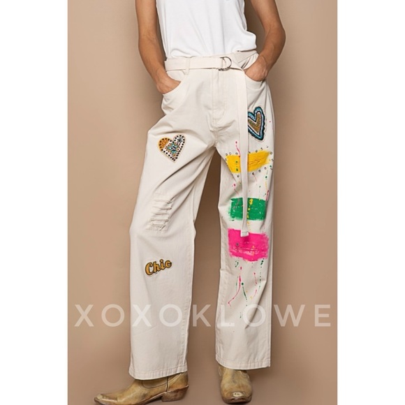POL Pants - POL Cream Paint & Patch Loose Fit Wide Leg Pants